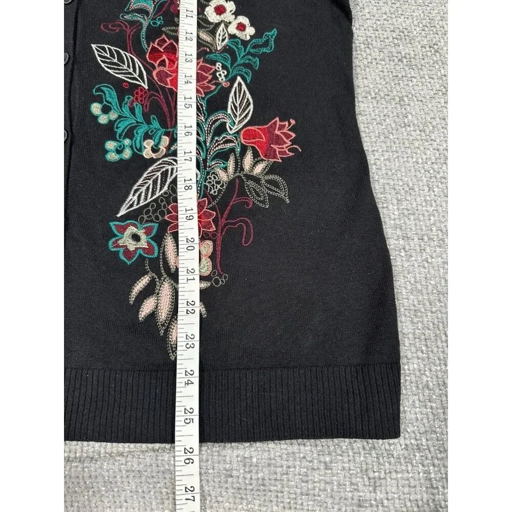 CJ Banks Sweater Womens X Black Cardigan Embroidered Floral 3/4 Sleeve‎